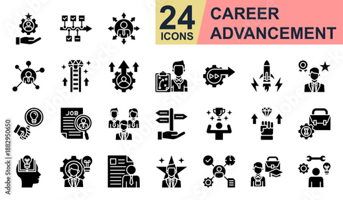Career Advancement Icons set vector illustration. Containing Skill, Career Opportunity, Work Experience, Motivation, Internship and more. Simple glyph icons collection.