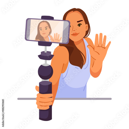 Woman holding smartphone on tripod, waving to camera, flat style on white background. Concept of video blogging or live streaming. Vector illustration