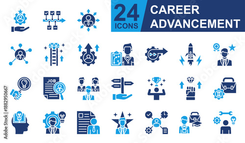 Career Advancement Icons set vector illustration. Containing Skill, Career Opportunity, Work Experience, Motivation, Internship and more. Simple solid icons collection.