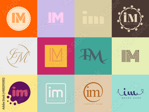 IM logo company template. Letter i and m logotype. Set different classic serif lettering and modern bold text with design elements. Initial font typography.