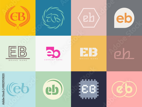 EB logo company template. Letter e and b logotype. Set different classic serif lettering and modern bold text with design elements. Initial font typography.