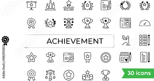 Achievement icons set with 30 black line symbols for success and recognition