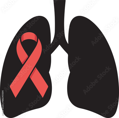 Lung Cancer Awareness Icon with Red Ribbon on Black Pulmonary Silhouette