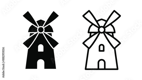 icon set of black and white windmills simple illustration of traditional mills