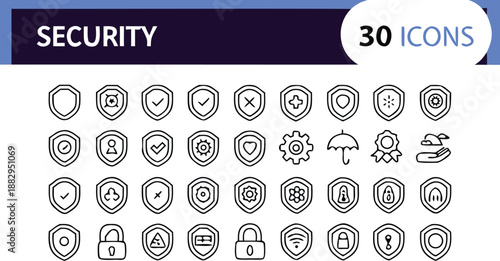 Collection of 30 black security icons featuring protection symbols and shields on white background