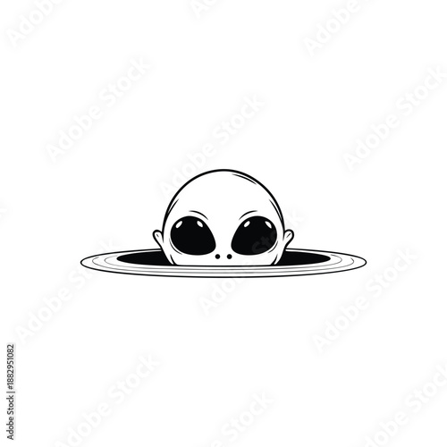 Black and white hand drawn vintage illustration of a mysterious alien peeking out of a hole in vector style,