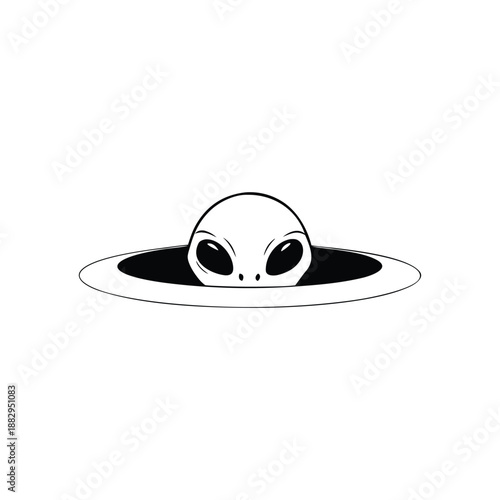 Black and white hand drawn vintage illustration of a mysterious alien peeking out of a hole in vector style,