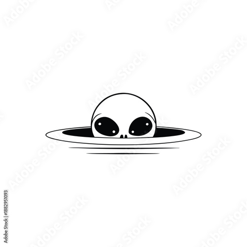 Black and white hand drawn vintage illustration of a mysterious alien peeking out of a hole in vector style,