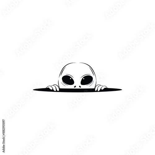 Black and white hand drawn vintage illustration of a mysterious alien peeking out of a hole in vector style,