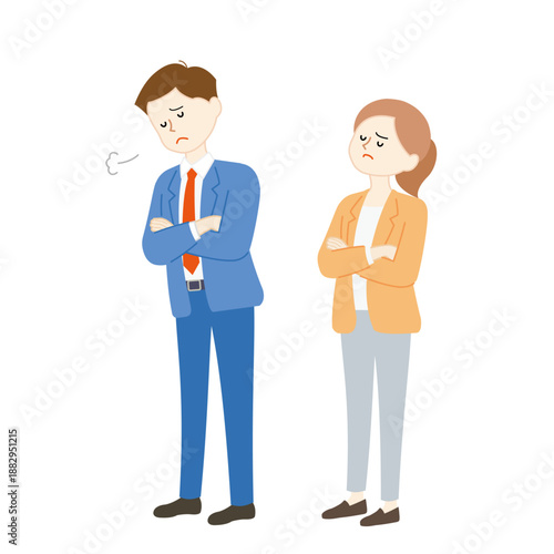 腕組みをして悩む男女のビジネスシーンイラスト