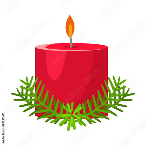 Red festive candle with burning flame surrounded by green fir branches, flat graphic style on white background. Concept of Christmas decor. Vector illustration