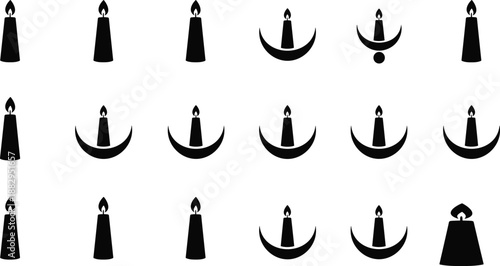 Candle icon silhouette illustration, black flame vector, spiritual symbol set, glowing candle clipart, decorative shapes, SVG design elements
