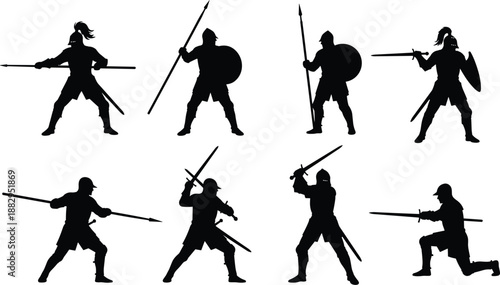 Medieval warrior silhouette illustration, black combat icons, sword and shield vector, battle pose clipart, knight shapes, fantasy SVG design