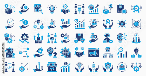 Business Opportunities icon set collection flat blue style. Containing product development, innovation, investment, partnership, sustainability, market research, strategy and growth icon. 
