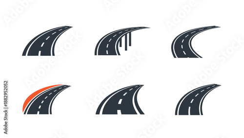 Road Icons Set Curved Asphalt Pathways Highway Navigation Journey Symbols.