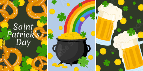 Saint Patrick's Day party flyer. Lucky holiday banner, greeting card, wall art. Vector illustration of beer, mug, shamrock, rainbow and salty pretzels. Vintage poster