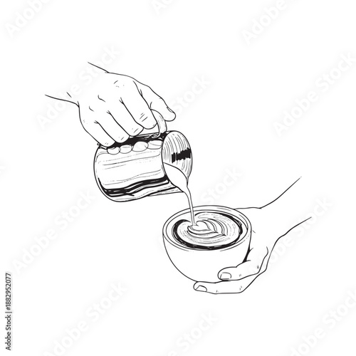 Hand drawn sketch of barista pouring milk into coffee cup to make latte art. Vector illustration of cappuccino preparation process.
