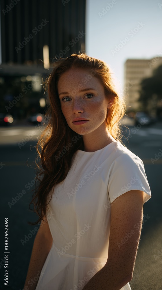 Fototapeta premium A red-haired woman in white dress stands in cityscape, illuminated by sunset, evoking a serene and contemplative mood.