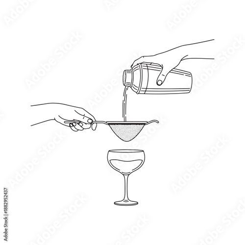 Continuous line drawing of bartender hands pouring cocktail from shaker through strainer into glass. Minimalist vector illustration of mixology drink preparation.
