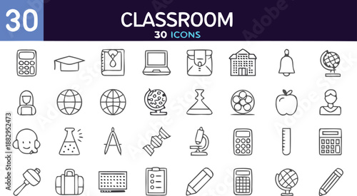 Professional black and white vector set of 30 classroom icons for education and learning resources