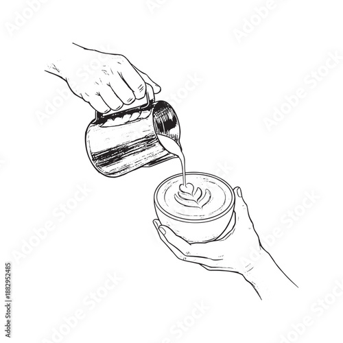 Hand drawn sketch of barista pouring milk into coffee cup to make latte art. Vector illustration of cappuccino preparation process.
