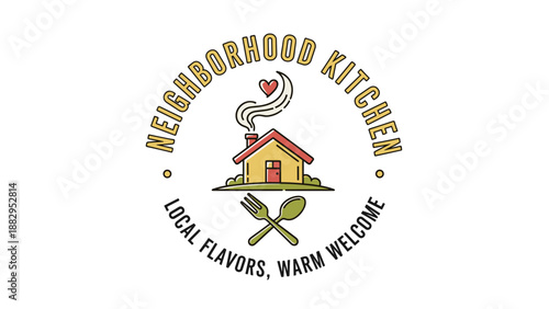 Neighborhood Kitchen Logo with House and Utensils.
