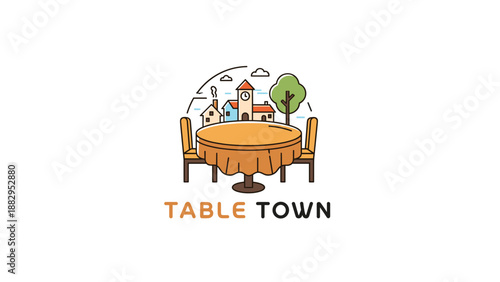 Table Town Cartoon Round Table Illustration.