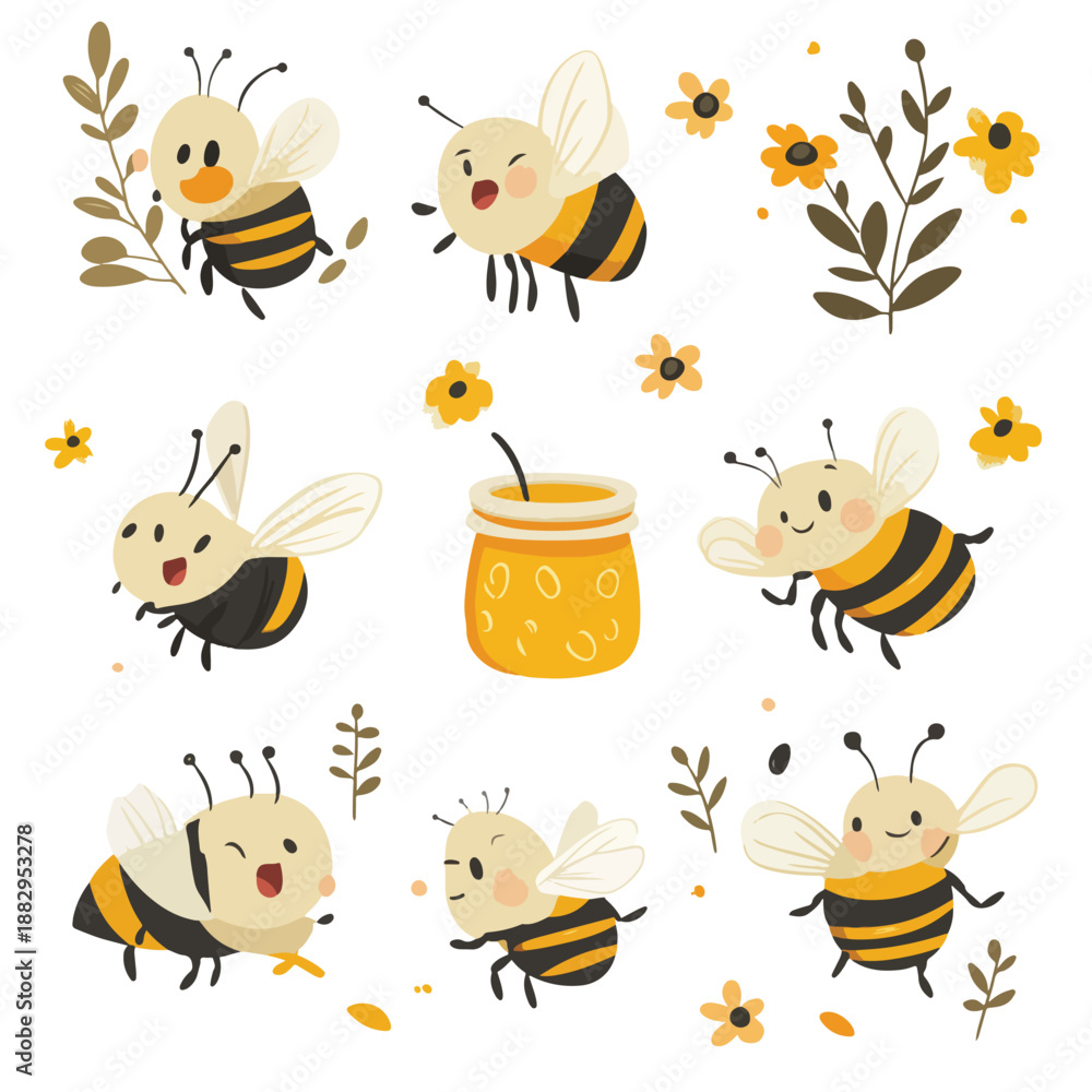 Fototapeta premium Cute Bees and Honey Jar Illustrations for Kids