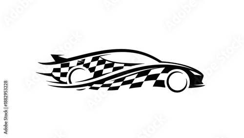 Speeding Race Car Silhouette with Checkered Flag Pattern.