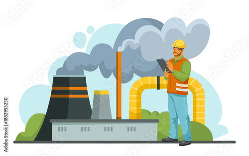 Worker in safety gear monitoring emissions from a factory with smoke stacks and pipes on abstract background. Concept of air pollution. Vector illustration