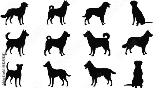 Collection of 12 black silhouettes of various dog breeds