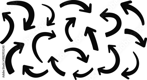 Collection of black arrows pointing in various directions on white background