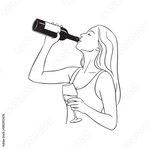 Continuous line drawing of woman drinking wine directly from bottle. Vector illustration of drunk girl holding glass.
