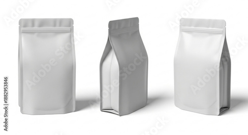A set of three white stand-up pouches with resealable zippers on a plain background