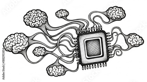 A vector graphic illustration of a microchip with multiple brain connections