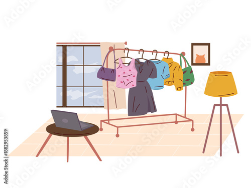 Clothing rack with dresses and jackets, laptop on table, modern flat style, indoor setting with window and floor lamp. Vector illustration