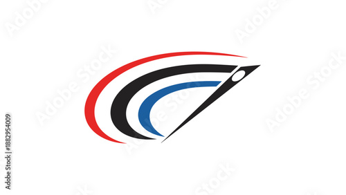 Modern Needle Logo with Abstract Red Black Blue Swooshes.