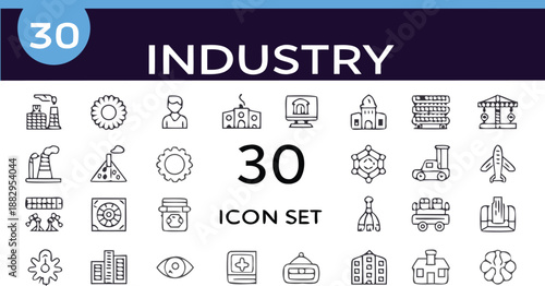 Industry icons set with 30 black line icons on white background for business and manufacturing concepts