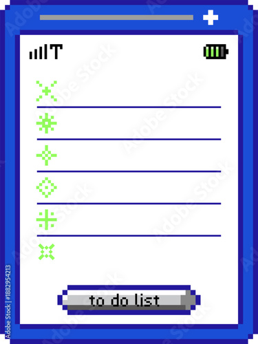 레트로 픽셀 아트 스타일의 스마트폰 할 일 목록 인터페이스 일러스트 - Retro pixel art smartphone interface illustration with to do list