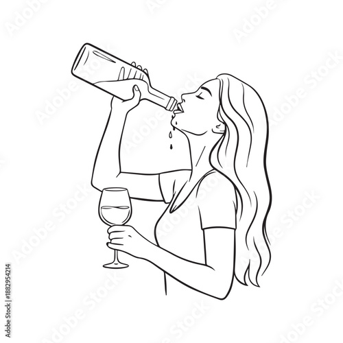Continuous line drawing of woman drinking wine directly from bottle. Vector illustration of drunk girl holding glass.
