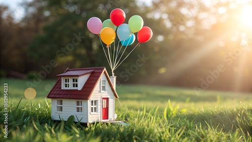Miniature White House with Red Roof and Balloons in Green Field