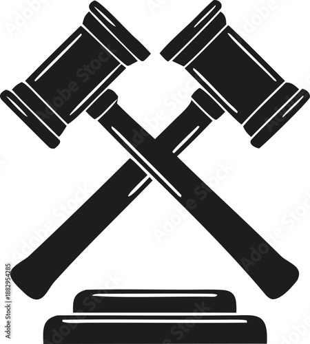 Law emblem showing crossed gavel and mallet on sound block