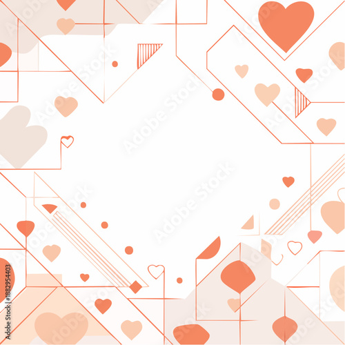 Geometric shapes and hearts in various shades of orange and red, arranged in a modern abstract design on a clean background, viewed from directly above