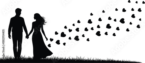 Couple holding hands silhouette, romantic moment, heart trail, love symbol, black shapes, white background, emotional bond, standing pose, affection