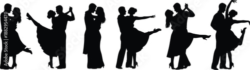 Dancing couple silhouettes, elegant poses, graceful movement, romantic gesture, ballroom style, tango lift, black shapes, white background, dance expression, coordination