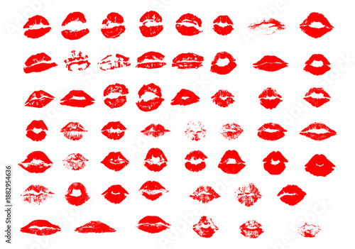 Set of Lips prints. Red lips. Different shapes female lips. Vector imprint of lipstick kiss illustration. 
