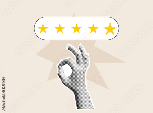 Five Star Rating Concept with Hand Gesture, Customer Review and Feedback Illustration. 