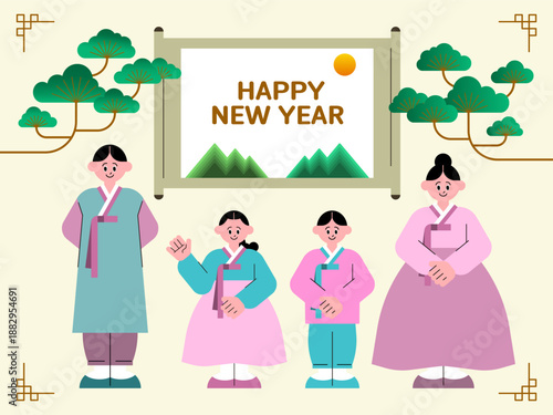 2026년 병오년 말띠해 신년 한복 가족 캐릭터 및 멤버십 할인 이벤트 홍보 일러스트 세트 - 2026 Lunar New Year of the Horse Family in Hanbok and Membership Sale Event Illustration Set