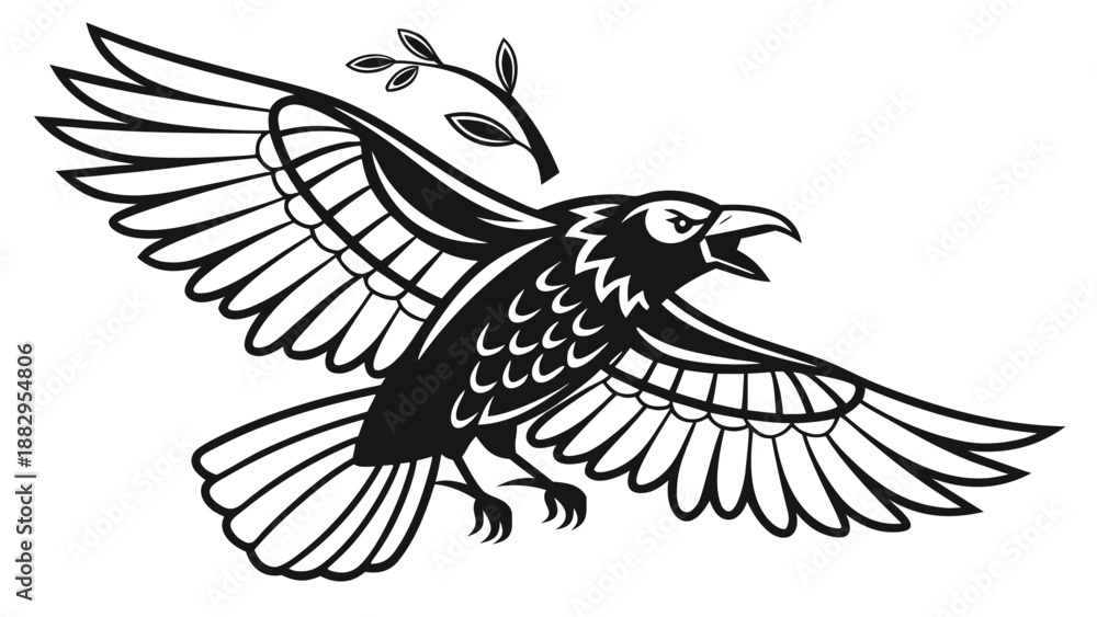 Obraz premium A black and white vector illustration of an eagle in flight with an olive branch