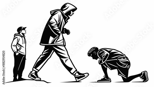 A black and white vector illustration of three men in different poses, representing social hierarchy and inequality.